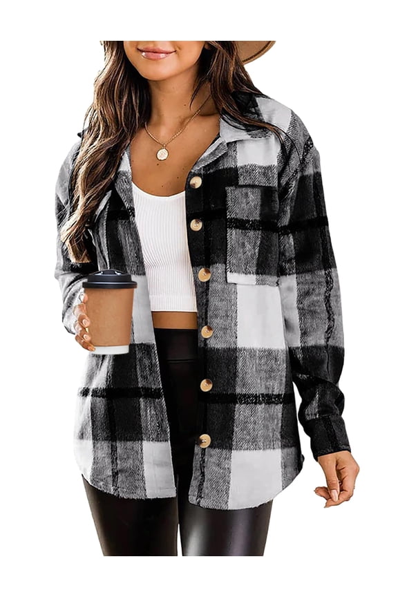 Oversized Plaid Flannel Jacket Button Down Long Sleeve Coat Grey Black M