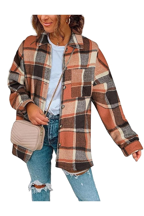 Oversized Plaid Flannel Jacket Button Down Long Sleeve Coat Orange XL