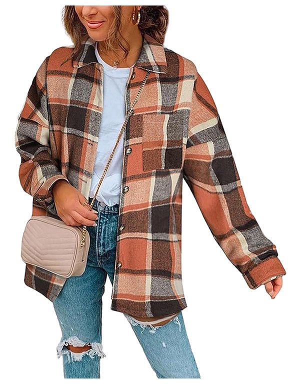 Oversized Plaid Flannel Jacket Button Down Long Sleeve Coat Orange XL
