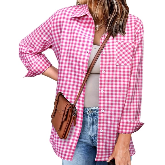Zeagoo Plaid Shirts for Women Flannel Long Sleeve Shacket Loose Business Casual Blouses Gingham Button Down Shirts for Fall