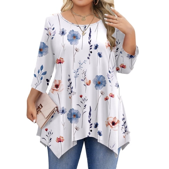 Zeagoo Plus Size Blouses for Women 3/4 Sleeve Shirts Crewneck Tunic Tops Loose Fit Spring Summer Casual Lady Clothes