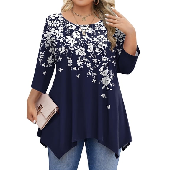 Zeagoo Plus Size Blouses for Women 3/4 Sleeve Shirts Crewneck Tunic Tops Loose Fit Spring Summer Casual Lady Clothes