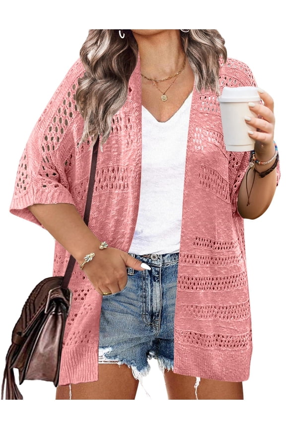 Plus Size Lightweight Crochet Cardigan for Women Short Sleeve Summer Kimonos Boho Open Front Knitted Cardigans