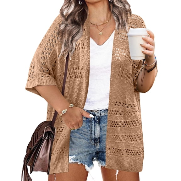 Zeagoo Plus Size Lightweight Crochet Cardigan for Women Short Sleeve Summer Kimonos Boho Open Front Knitted Cardigans