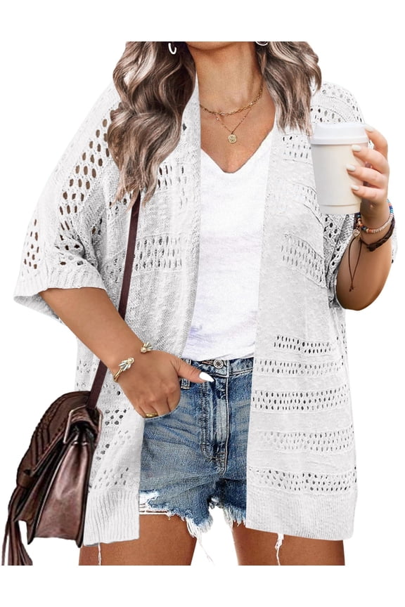 Plus Size Lightweight Crochet Cardigan for Women Short Sleeve Summer Kimonos Boho Open Front Knitted Cardigans