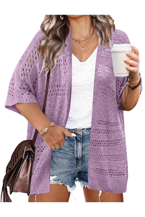 Plus Size Lightweight Crochet Cardigan for Women Short Sleeve Summer Kimonos Boho Open Front Knitted Cardigans