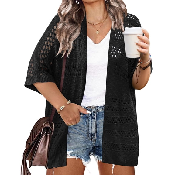 Zeagoo Plus Size Lightweight Crochet Cardigan for Women Short Sleeve Summer Kimonos Boho Open Front Knitted Cardigans
