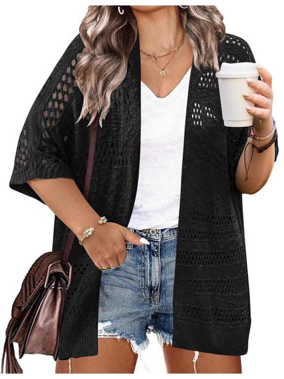 Plus Size Lightweight Crochet Cardigan for Women Short Sleeve Summer Kimonos Boho Open Front Knitted Cardigans