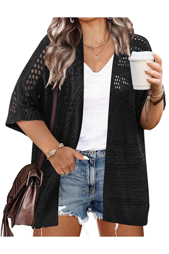 Plus Size Lightweight Crochet Cardigan for Women Short Sleeve Summer Kimonos Boho Open Front Knitted Cardigans