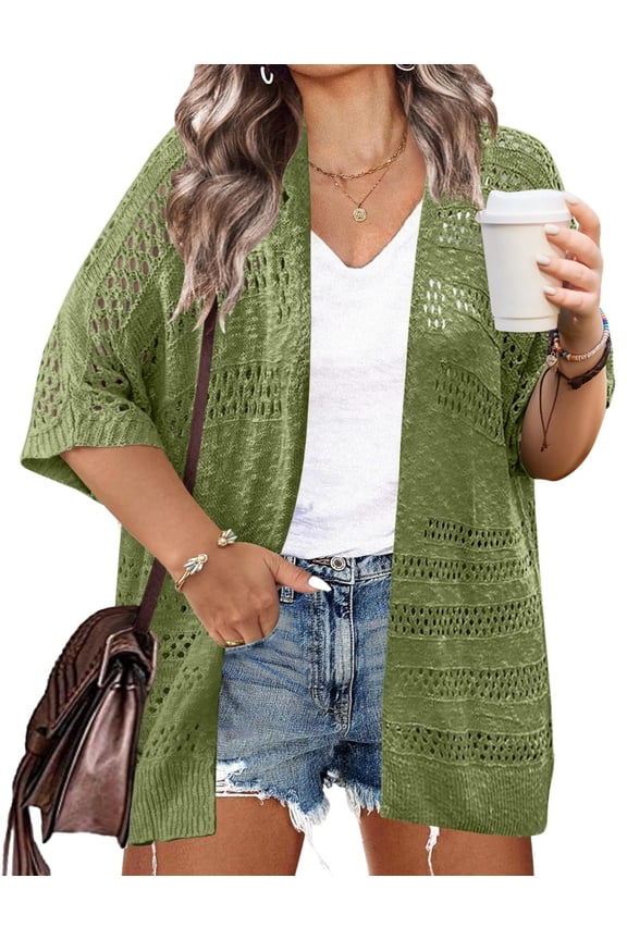 Plus Size Lightweight Crochet Cardigan for Women Short Sleeve Summer Kimonos Boho Open Front Knitted Cardigans