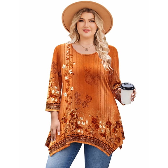 Zeagoo Plus Size Tops for Women 3/4 Sleeve Shirts Tunic Tops to Wear with Leggings Loose Fit Summer Fall Clothes