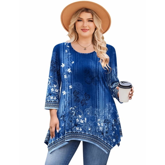 Zeagoo Plus Size Tops for Women 3/4 Sleeve Shirts Tunic Tops to Wear with Leggings Loose Fit Summer Fall Clothes