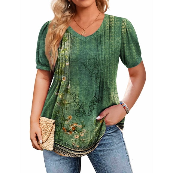 Zeagoo Plus Size Tops for Women Summer Puff Short Sleeve Tunic Pleated V Neck Shirts Casual Floral Solid Blouse