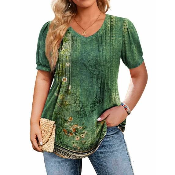 Zeagoo Plus Size Tops for Women Summer Puff Short Sleeve Tunic Pleated V Neck Shirts Casual Floral Solid Blouse
