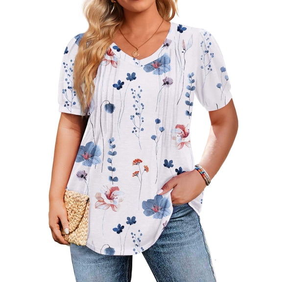 Zeagoo Plus Size Tops for Women Summer Puff Short Sleeve Tunic Pleated V Neck Shirts Casual Floral Solid Blouse