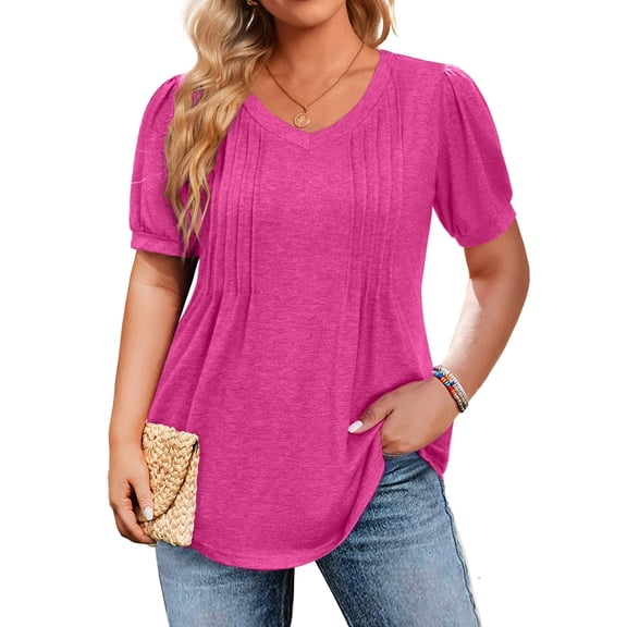 Zeagoo Plus Size Tops for Women Summer Puff Short Sleeve Tunic Pleated V Neck Shirts Casual Floral Solid Blouse