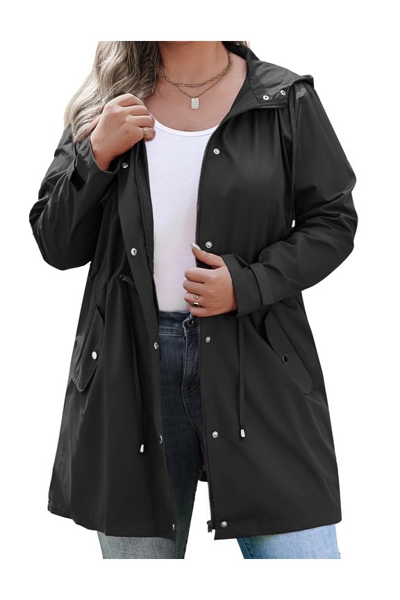 Plus Size Women's Rain Jackets Waterproof Rain Coats with Hood Lightweight Windbreaker Outdoor Trench Coat