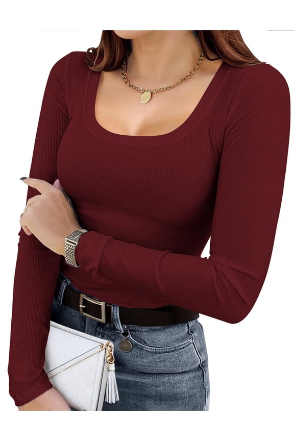 Plus Size Womens Long Sleeve Shirts Basic Winter Scoop Neck Tops Fall Fashion Slim Ribbed Fitted Tops