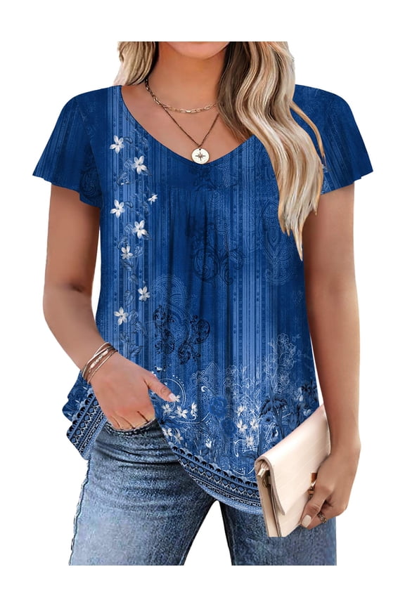Plus Size Womens Ruffle Sleeve Tunic Tops V Neck Summer Shirts Floral Print Tops Dressy Blouse