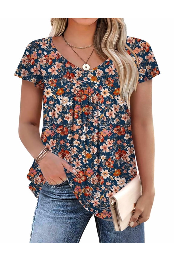 Plus Size Womens Ruffle Sleeve Tunic Tops V Neck Summer Shirts Floral Print Tops Dressy Blouse
