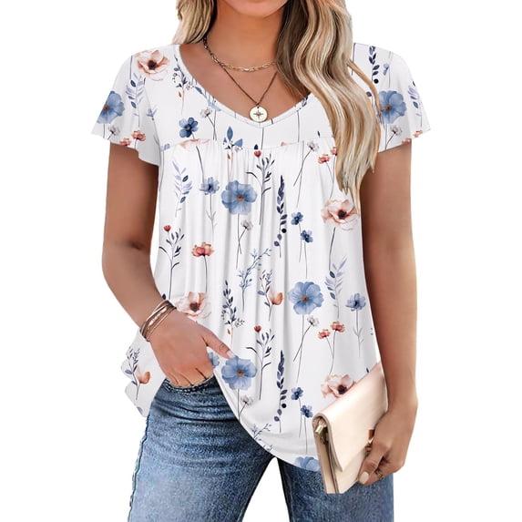 Zeagoo Plus Size Womens Ruffle Sleeve Tunic Tops V Neck Summer Shirts Floral Print Tops Dressy Blouse