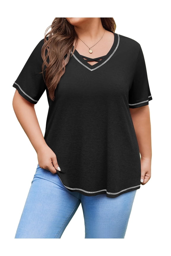Plus Size Womens Summer Tops Short Sleeve Shirts Trendy V Neck T Shirts for Women Casual Tops