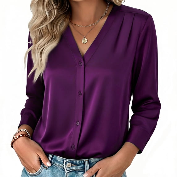 Zeagoo Satin Button Down Shirt for Women Long Sleeve V Neck Silk Blouse Top