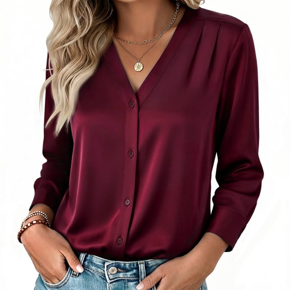 Zeagoo Satin Button Down Shirt for Women Long Sleeve V Neck Silk Blouse Top