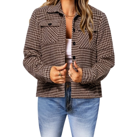 Zeagoo Shacket Women Cropped Flannel Plaid Button Down Jacket Houndstooth Casual Fall Fashion Coats