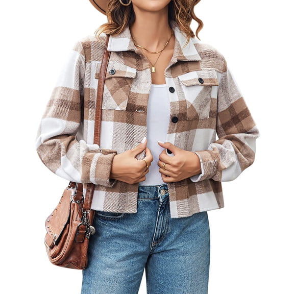 Zeagoo Shacket Women Cropped Flannel Plaid Button Down Jacket Houndstooth Casual Fall Fashion Coats