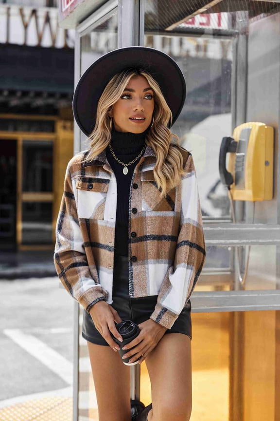 Shacket Women Cropped Flannel Plaid Button Down Jacket Houndstooth Casual Fall Fashion Coats