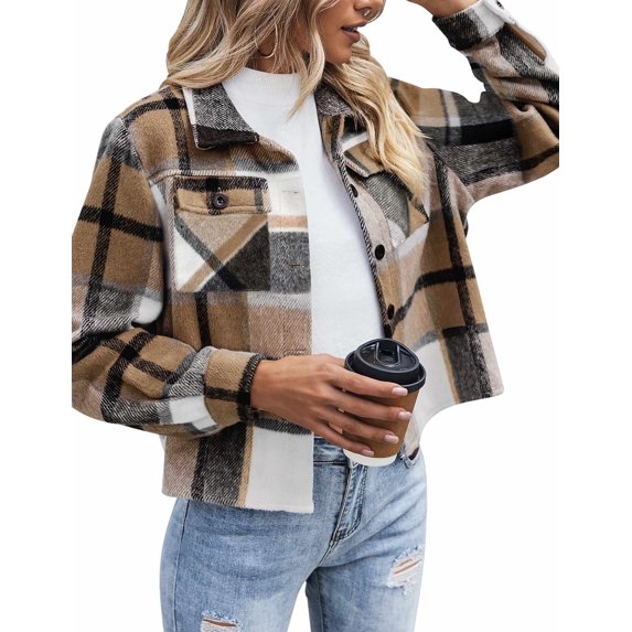 Zeagoo Shacket Women Cropped Flannel Plaid Button Down Jacket Houndstooth Casual Fall Fashion Coats