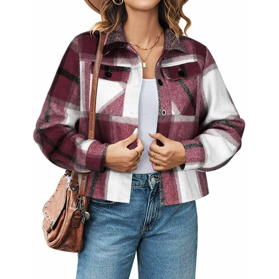 Zeagoo Shacket Women Cropped Flannel Plaid Button Down Jacket Houndstooth Casual Fall Fashion Coats