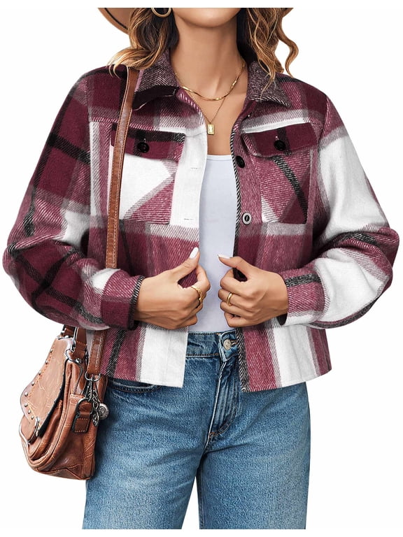 Shacket Women Cropped Flannel Plaid Button Down Jacket Houndstooth Casual Fall Fashion Coats