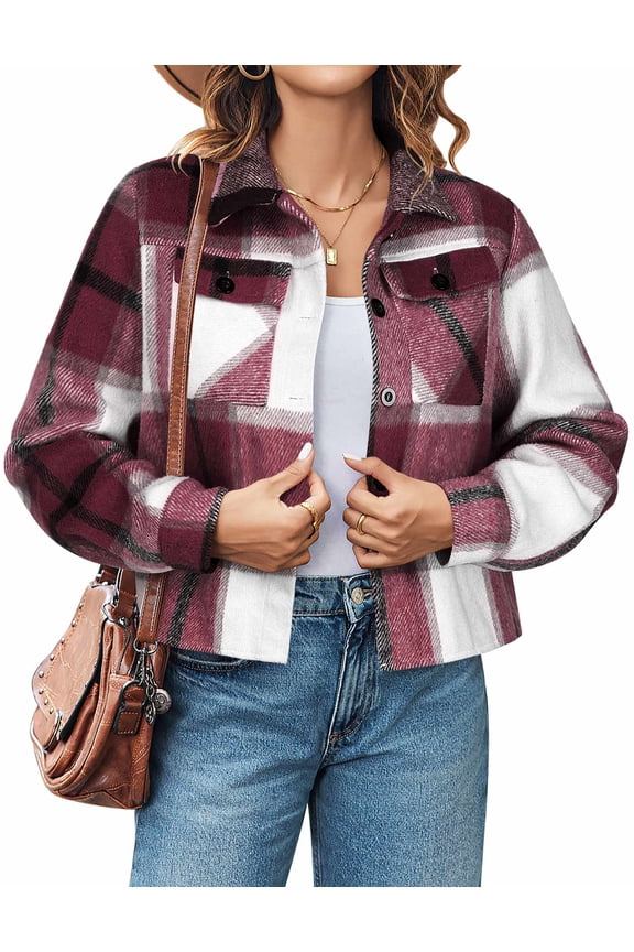 Shacket Women Cropped Flannel Plaid Button Down Jacket Houndstooth Casual Fall Fashion Coats