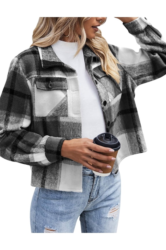 Shacket Women Cropped Flannel Plaid Button Down Jacket Houndstooth Casual Fall Fashion Coats