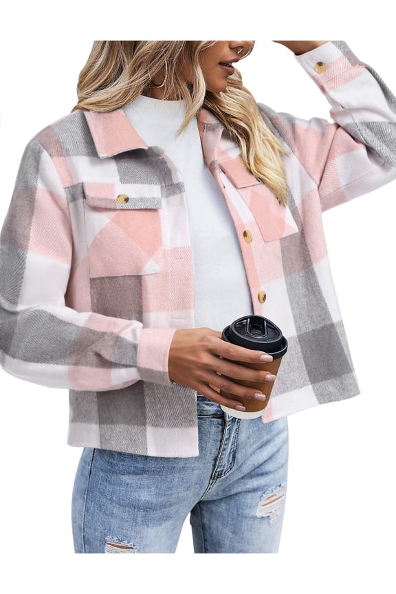 Shacket Women Cropped Flannel Plaid Button Down Jacket Houndstooth Casual Fall Fashion Coats