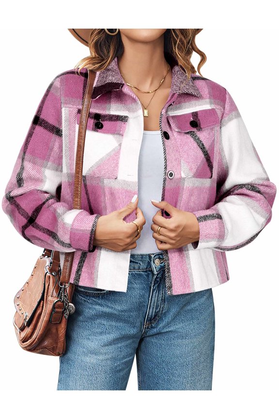 Shacket Women Cropped Flannel Plaid Button Down Jacket Houndstooth Casual Fall Fashion Coats
