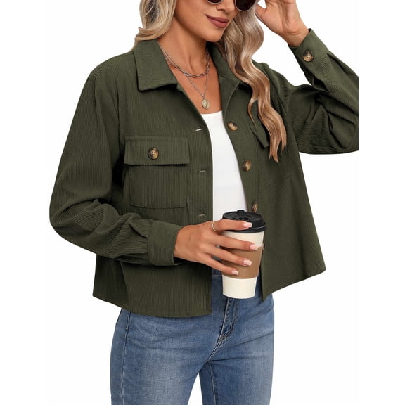 Zeagoo Shackets for Women Cropped Corduroy Jacket Button Down Shirts Long Sleeve Crop Lapel Shacket Tops
