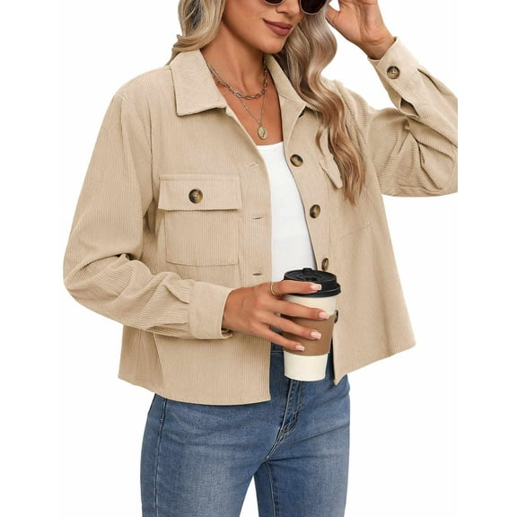 Zeagoo Shackets for Women Cropped Corduroy Jacket Button Down Shirts Long Sleeve Crop Lapel Shacket Tops