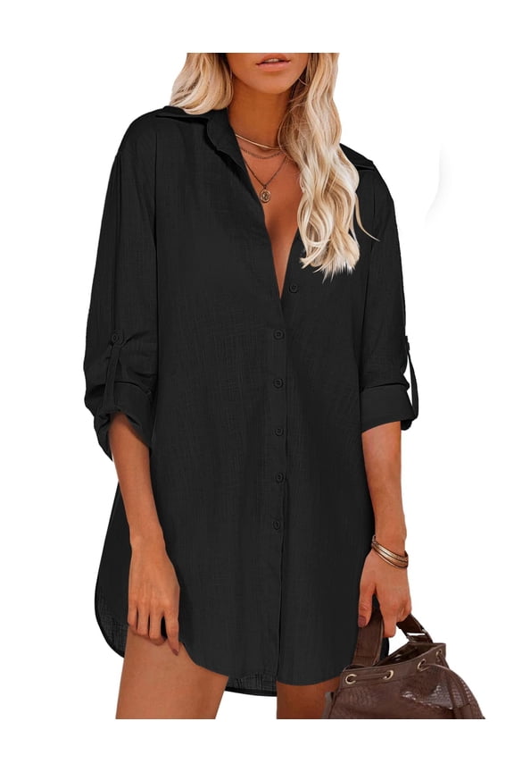 Shirt Dress for Women Button Down Blouse Linen Tops Long Sleeve Baggy Shirts Light