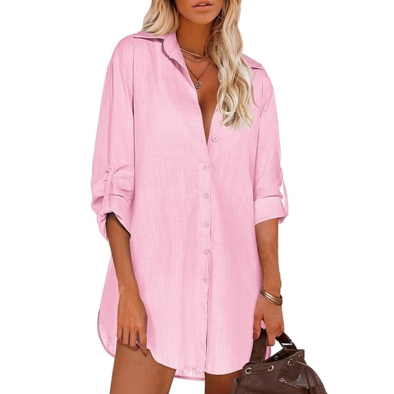 Zeagoo Shirt Dress for Women Button Down Blouse Linen Tops Long Sleeve Baggy Shirts Light