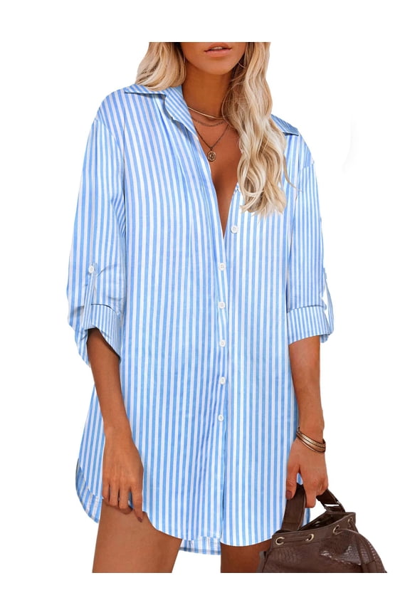 Shirt Dress for Women Button Down Blouse Linen Tops Long Sleeve Baggy Shirts Light