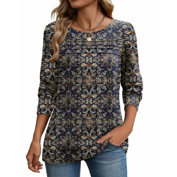 Zeagoo Shirts for Women 2025 Long Sleeve Fall Tops Crewneck Pleated Boho Tunic Business Dressy Casual Blouses