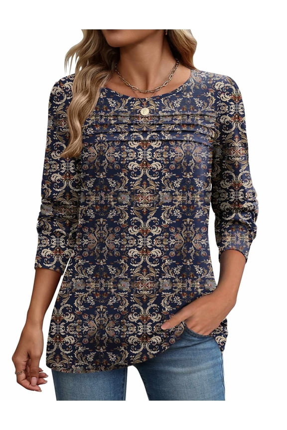 Shirts for Women 2025 Long Sleeve Fall Tops Crewneck Pleated Boho Tunic Business Dressy Casual Blouses