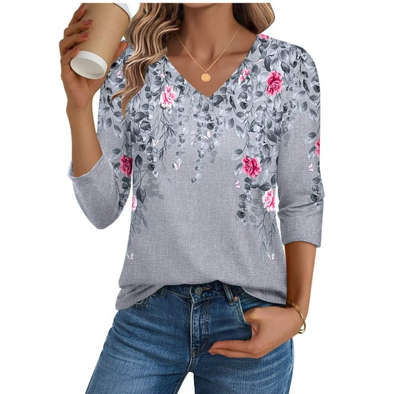 Zeagoo Women's 3/4 Sleeve V Neck Shirts Casual Basic Floral Blouses Fashion Business Work Tunic Tops