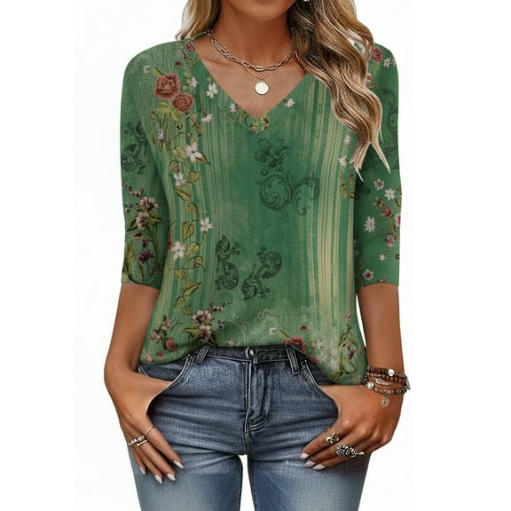 Zeagoo Women's 3/4 Sleeve V Neck Shirts Casual Basic Floral Blouses Fashion Business Work Tunic Tops
