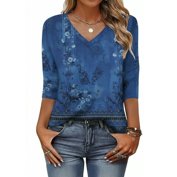 Zeagoo Women's 3/4 Sleeve V Neck Shirts Casual Basic Floral Blouses Fashion Business Work Tunic Tops