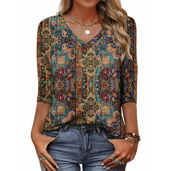 Zeagoo Women's 3/4 Sleeve V Neck Shirts Casual Basic Floral Blouses Fashion Business Work Tunic Tops