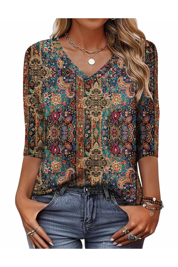 Women's 3/4 Sleeve V Neck Shirts Casual Basic Floral Blouses Fashion Business Work Tunic Tops